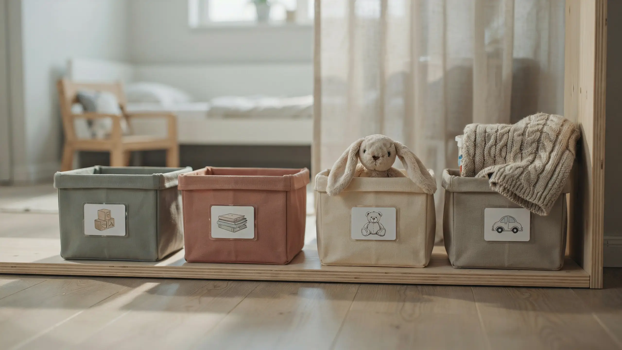 Four fabric storage bins labeled with hand-drawn picture icons for blocks, books, teddy bear, and toy car on a wooden shelf in a bright playroom. 