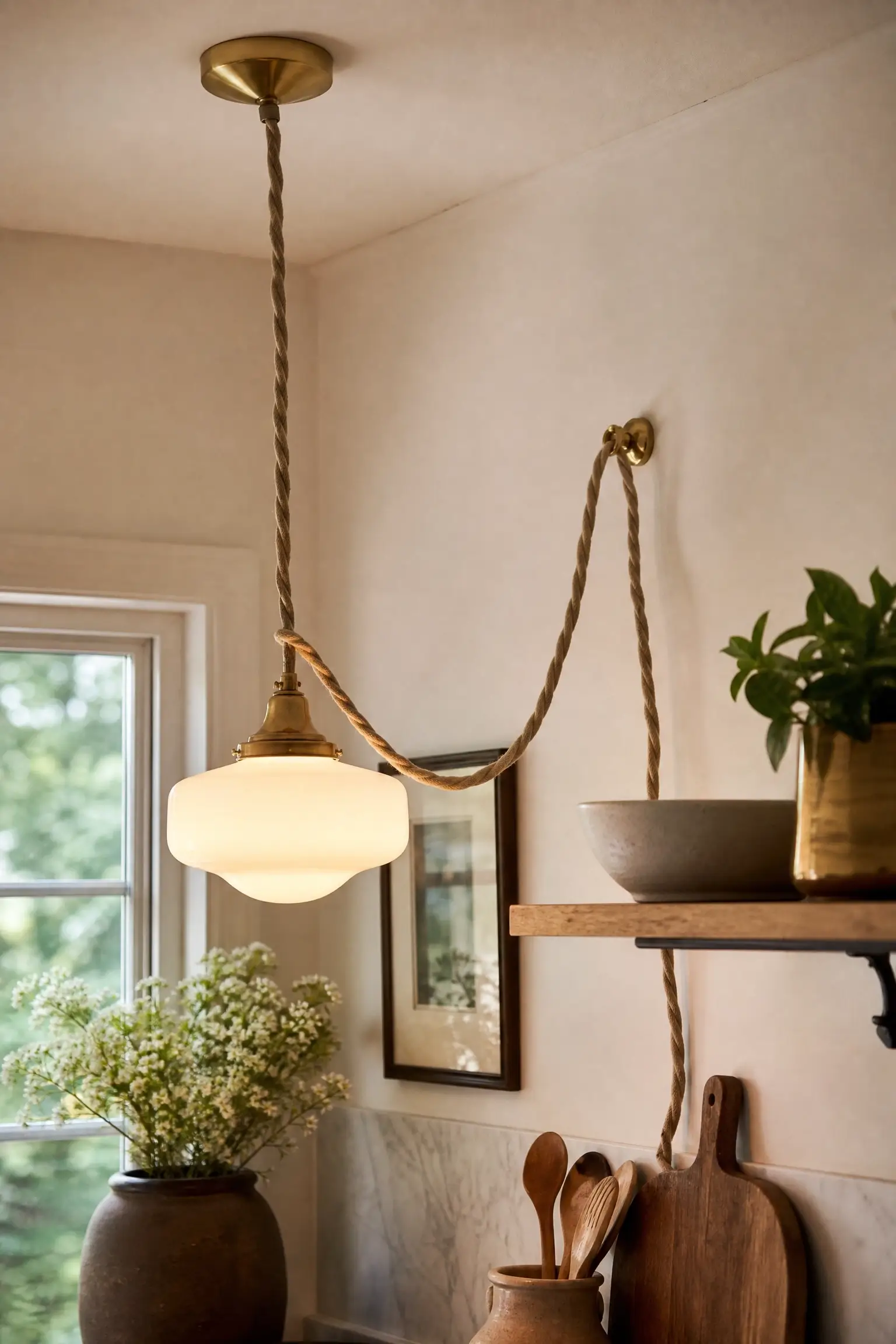 Fabric-covered cord swag pendant light adding cottage charm above a cozy kitchen shelf.