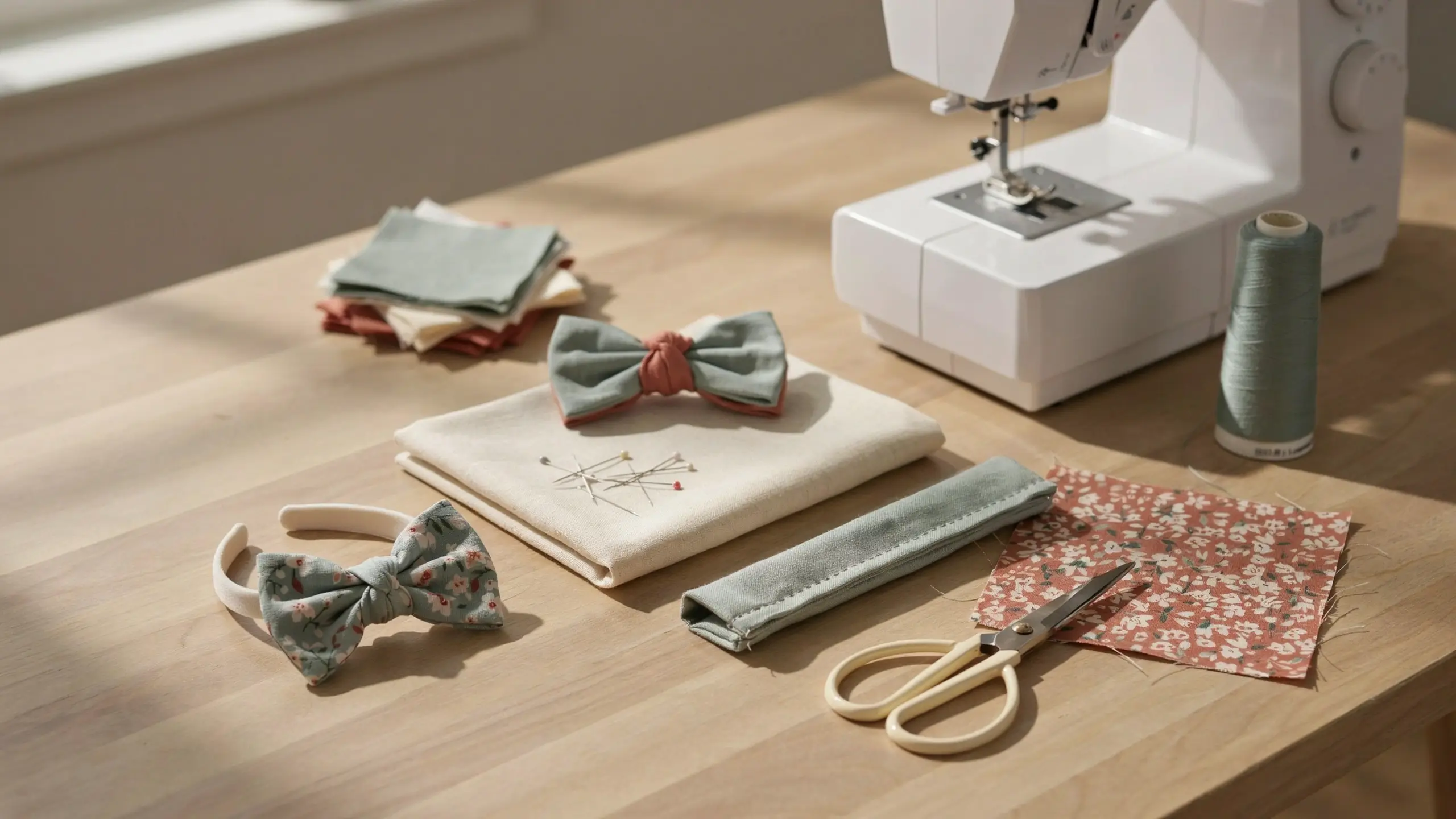 Alt Text: Handmade fabric hair bows with a sewing machine, scissors, pins, thread, and floral fabric scraps.