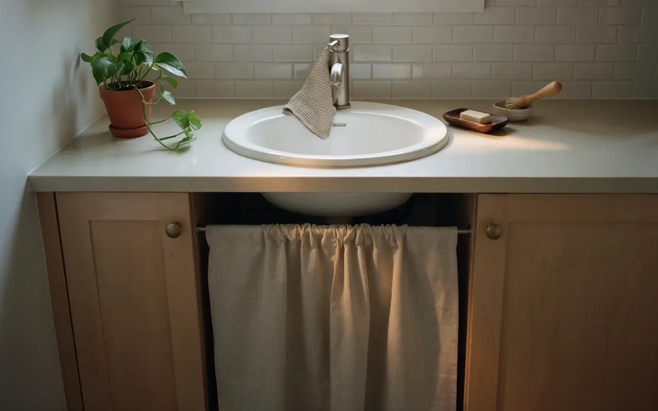 Fabric skirt on a tension rod hides exposed pipes beneath a bathroom sink with wood cabinets and white tile.