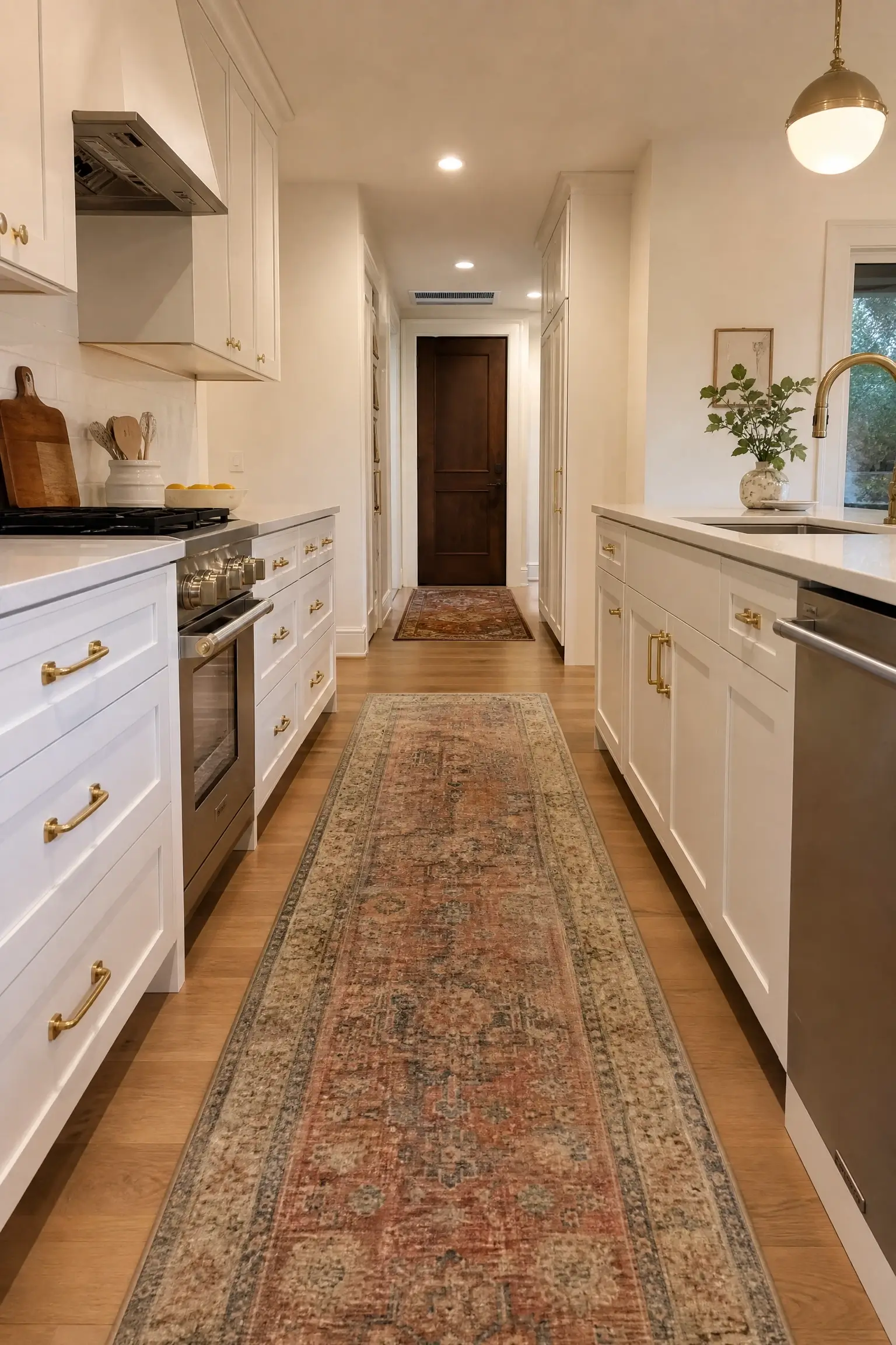 Faded terracotta and blue Persian runner rug running down a long white galley kitchen with brass hardware, oak floors, and stainless steel appliances.