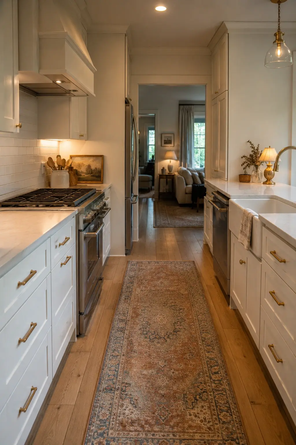 Faded Persian-style runner in a white galley kitchen with brass hardware and warm evening light.