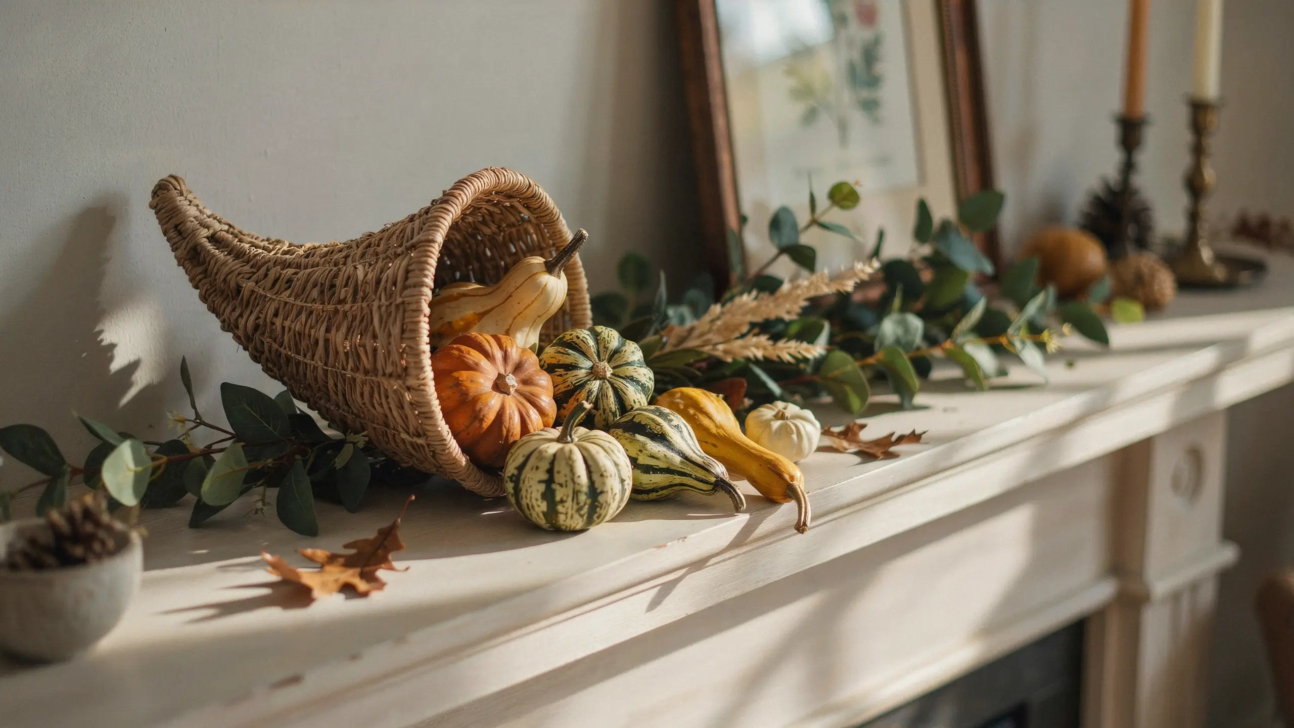 Wicker cornucopia overflowing with fall gourds, an orange pumpkin, and fresh eucalyptus on a white mantel