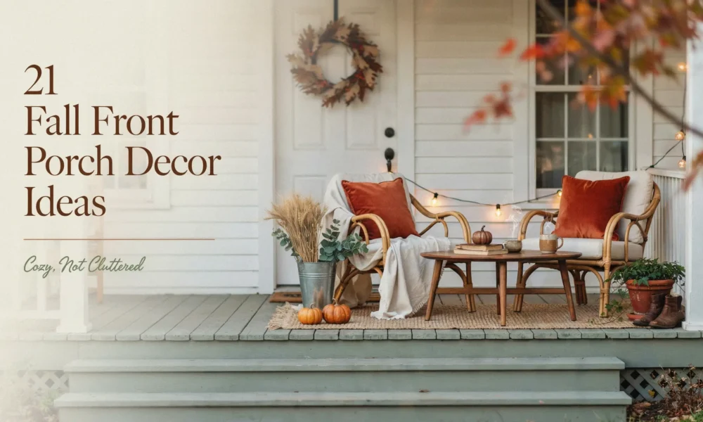 Fall front porch decor ideas with wicker chairs, rust pillows, pumpkins, a wreath and string lights.