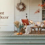 Fall front porch decor ideas with wicker chairs, rust pillows, pumpkins, a wreath and string lights.