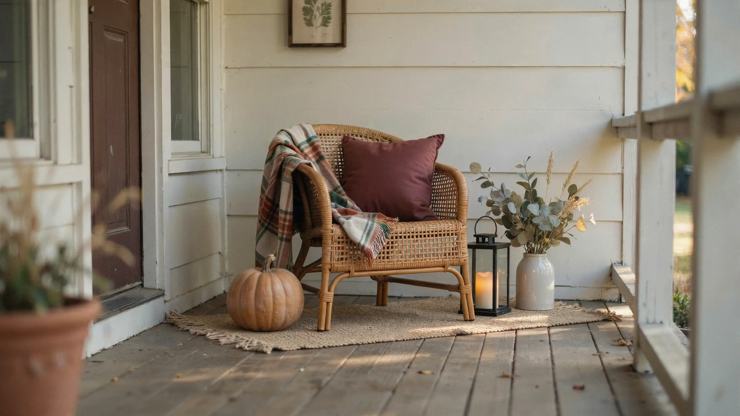 Alt Text: Fall front porch with a rattan chair, pumpkin, lantern, plaid blanket, and eucalyptus arrangement.