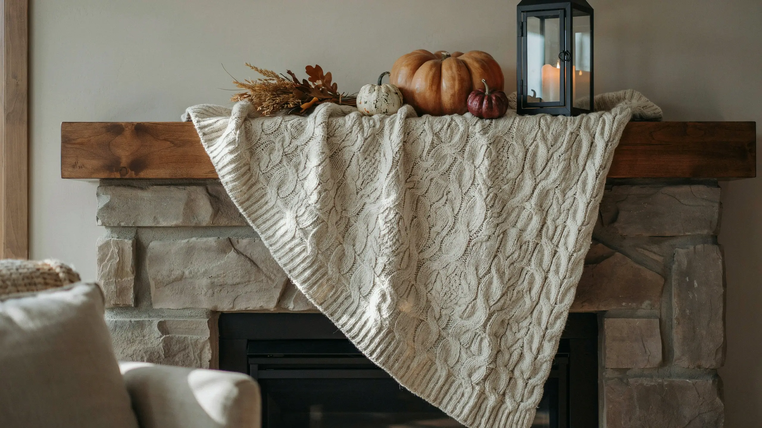 Cream chunky knit throw draped over a rustic stone mantel with autumn pumpkins, dried wheat, and a black glass lantern.