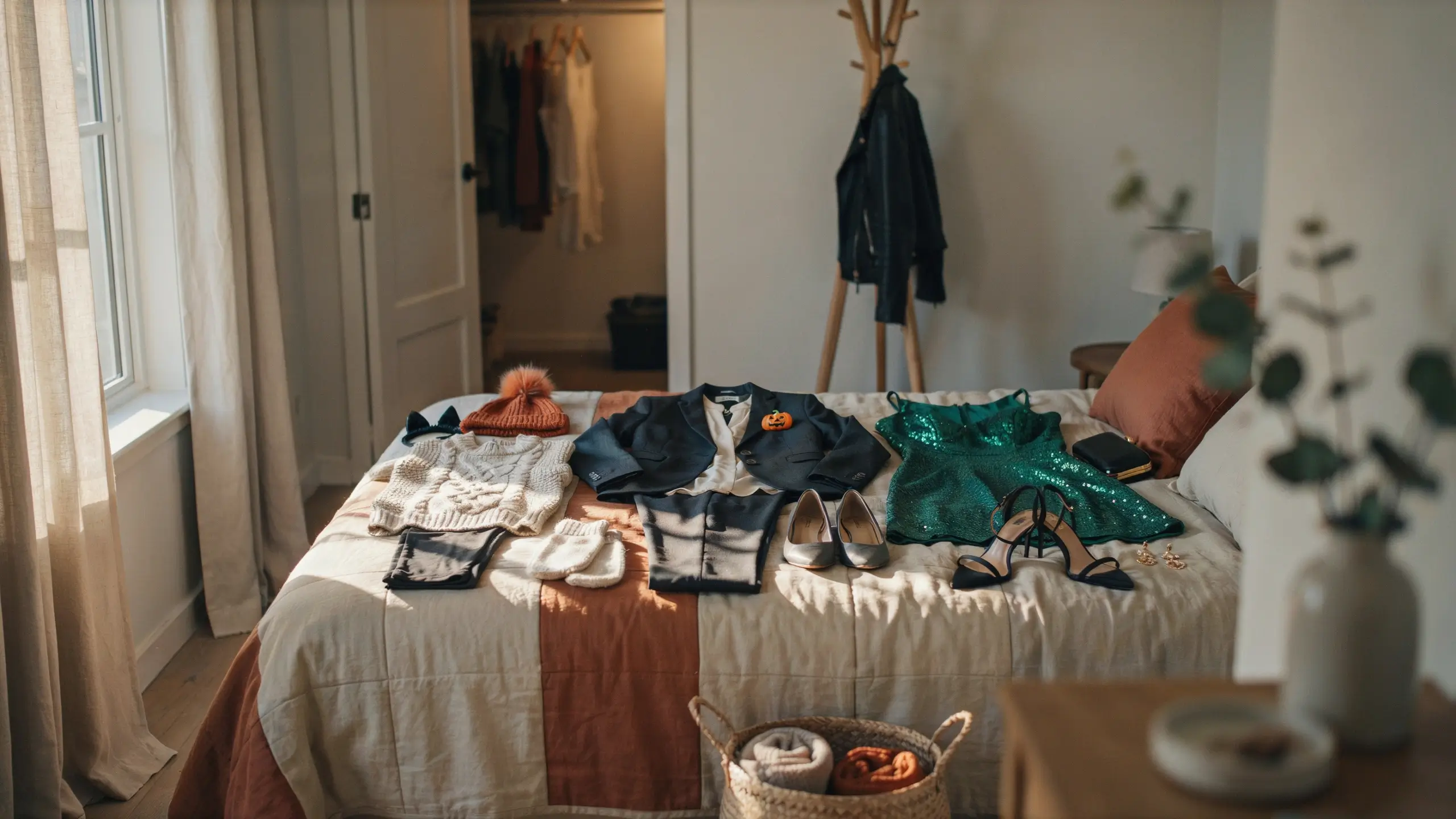 Flat lay on a bed of two carefully planned fall outfits: a cream chunky knit sweater, rust beanie, and black blazer with a pumpkin pin for cozy daytime events, contrasted with an emerald green sequin party dress and black strappy heels for an evening celebration. 