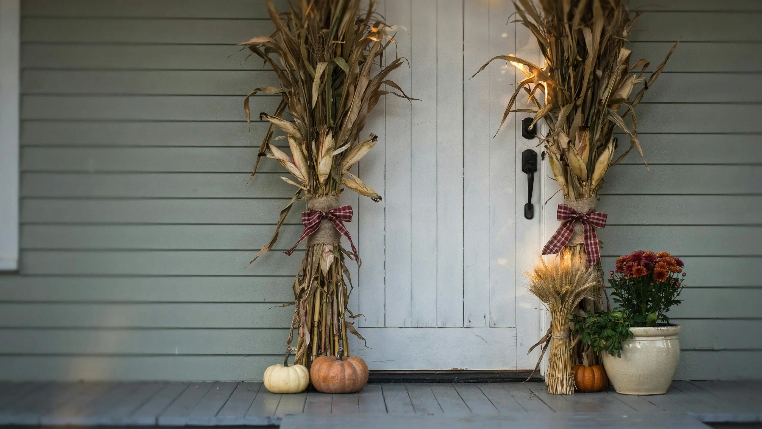 Alt Text: Fall porch decorated with cornstalks, pumpkins, a wheat bundle, and potted mums beside a white door.