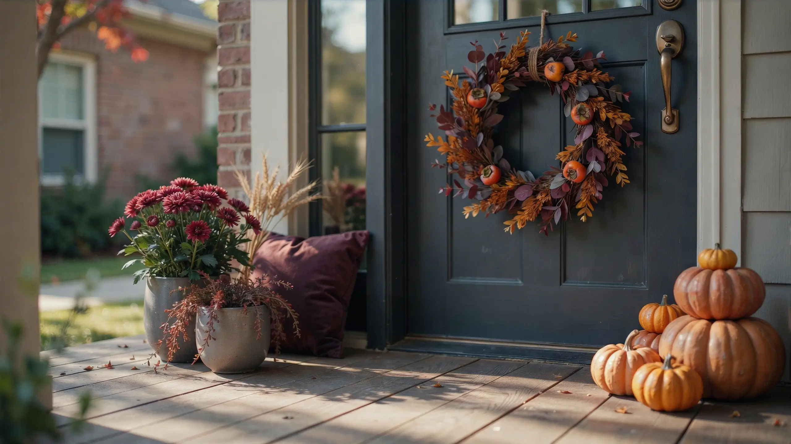 Alt Text: Fall porch with pumpkins, mums and a wreath arranged around a clear 36-inch walking path.