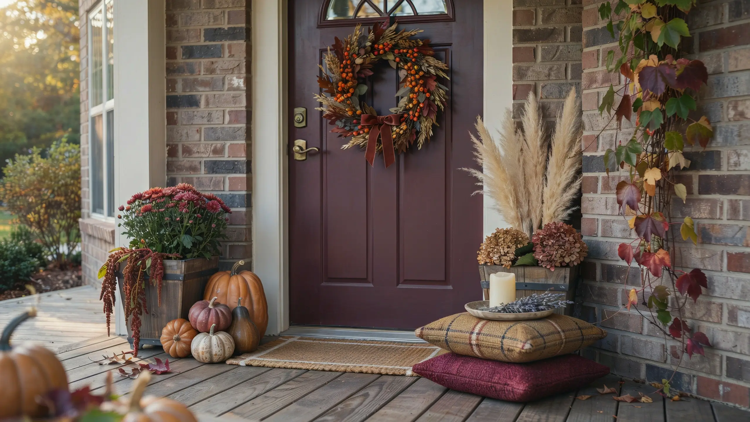 Fall porch with a berry wreath, pumpkins, mums, pampas grass, and plaid cushions.