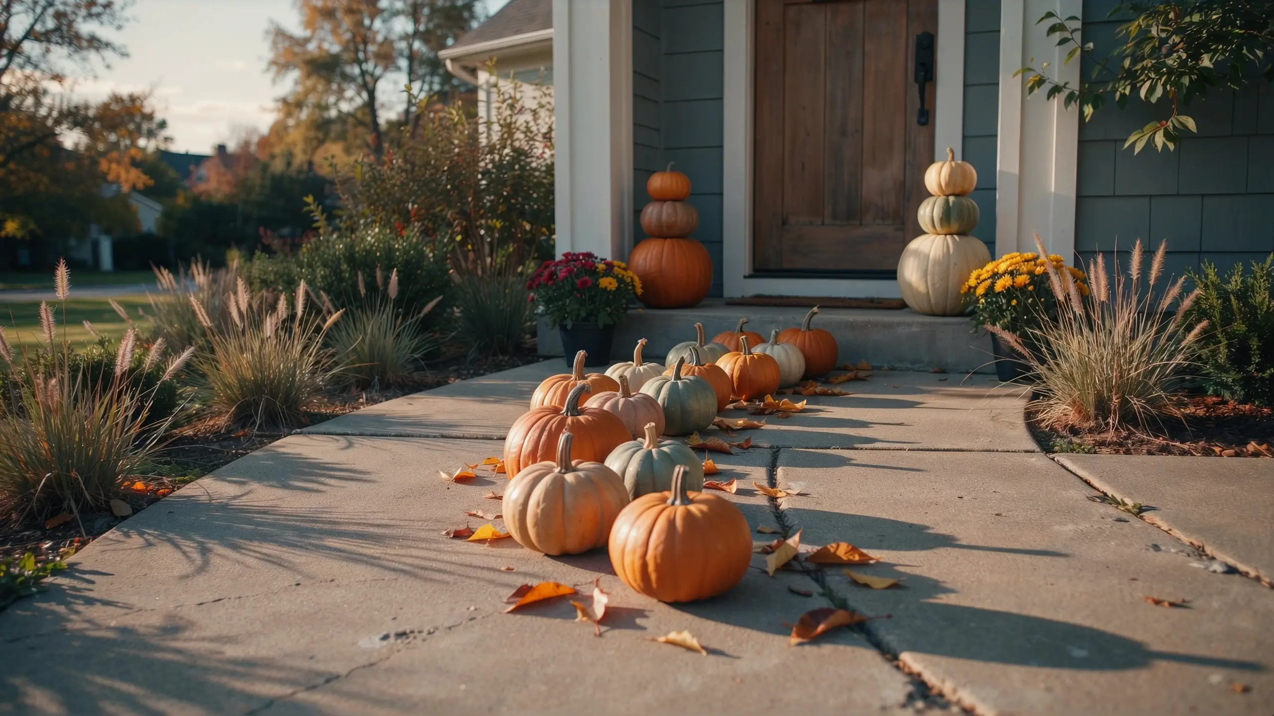 Alt Text: Fall front porch with a pumpkin path and stacked pumpkins in orange, white, and green.