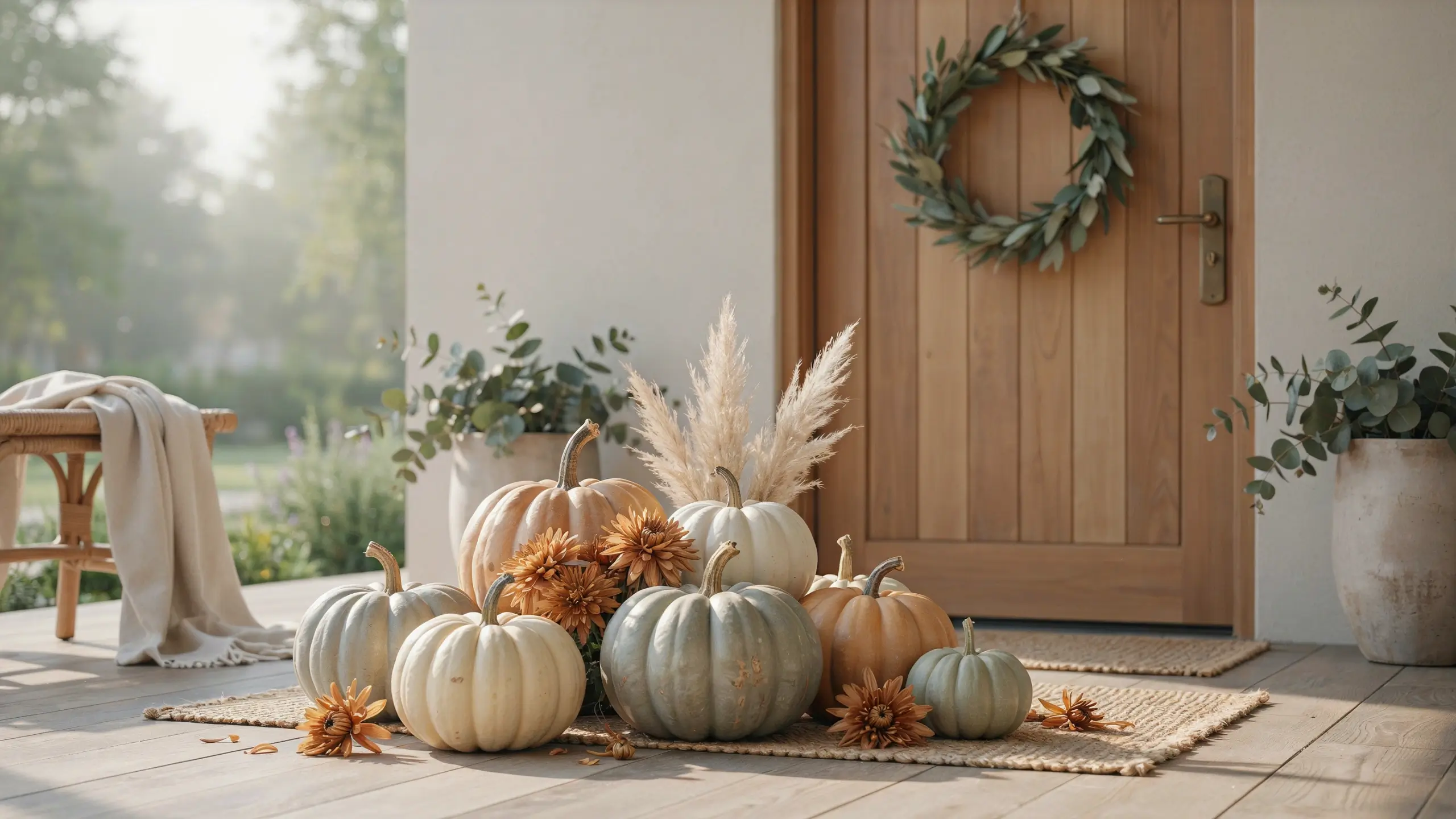 Alt Text: Neutral fall porch display with pumpkins, flowers, and pampas grass extending across the entryway.