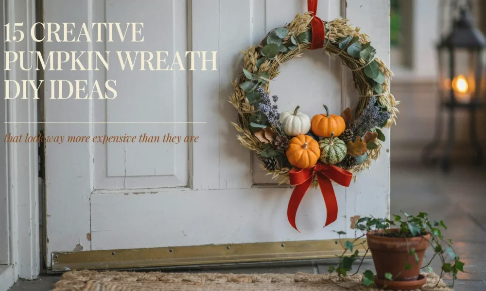 DIY fall pumpkin wreath with small pumpkins and red bow hanging on white door.