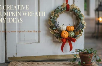 DIY fall pumpkin wreath with small pumpkins and red bow hanging on white door.