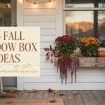 14 Fall Window Box Ideas That’ll Make Your Whole Porch Look Ready for Autumn Fall window box ideas featuring red and orange mums, trailing purple amaranthus, and mini pumpkins on a rustic wooden planter decorating a white front porch.
