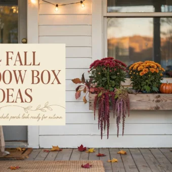 Fall window box ideas featuring red and orange mums, trailing purple amaranthus, and mini pumpkins on a rustic wooden planter decorating a white front porch.