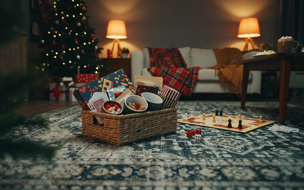 Family game night gift basket with snacks, mugs, cards, and board games in a cozy Christmas living room.