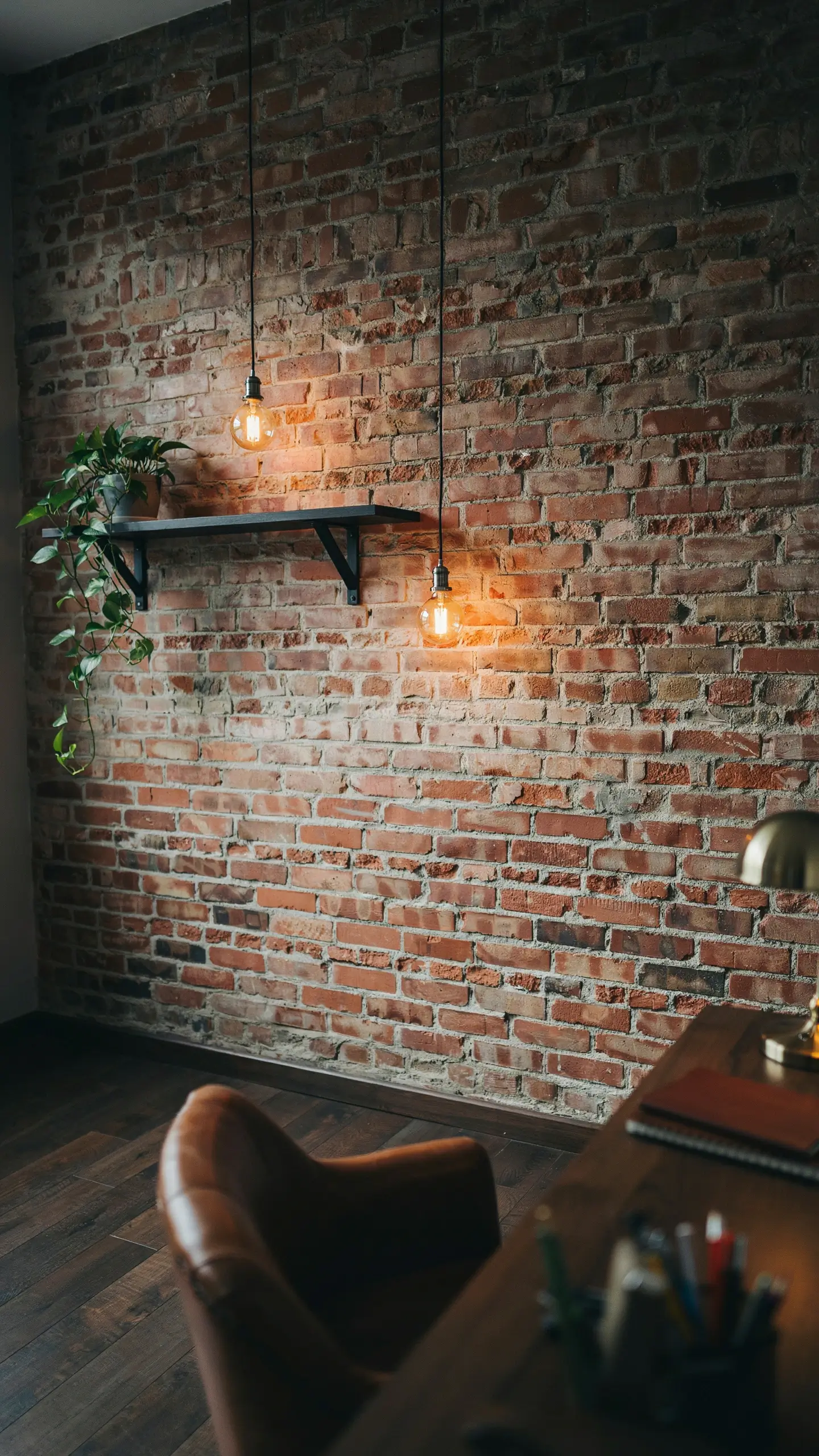 A cozy industrial home office interior featuring a textured faux brick veneer accent wall, a black floating shelf with a trailing green pothos plant, and two warm, glowing pendant lights suspended over a dark wood desk and leather chair. 