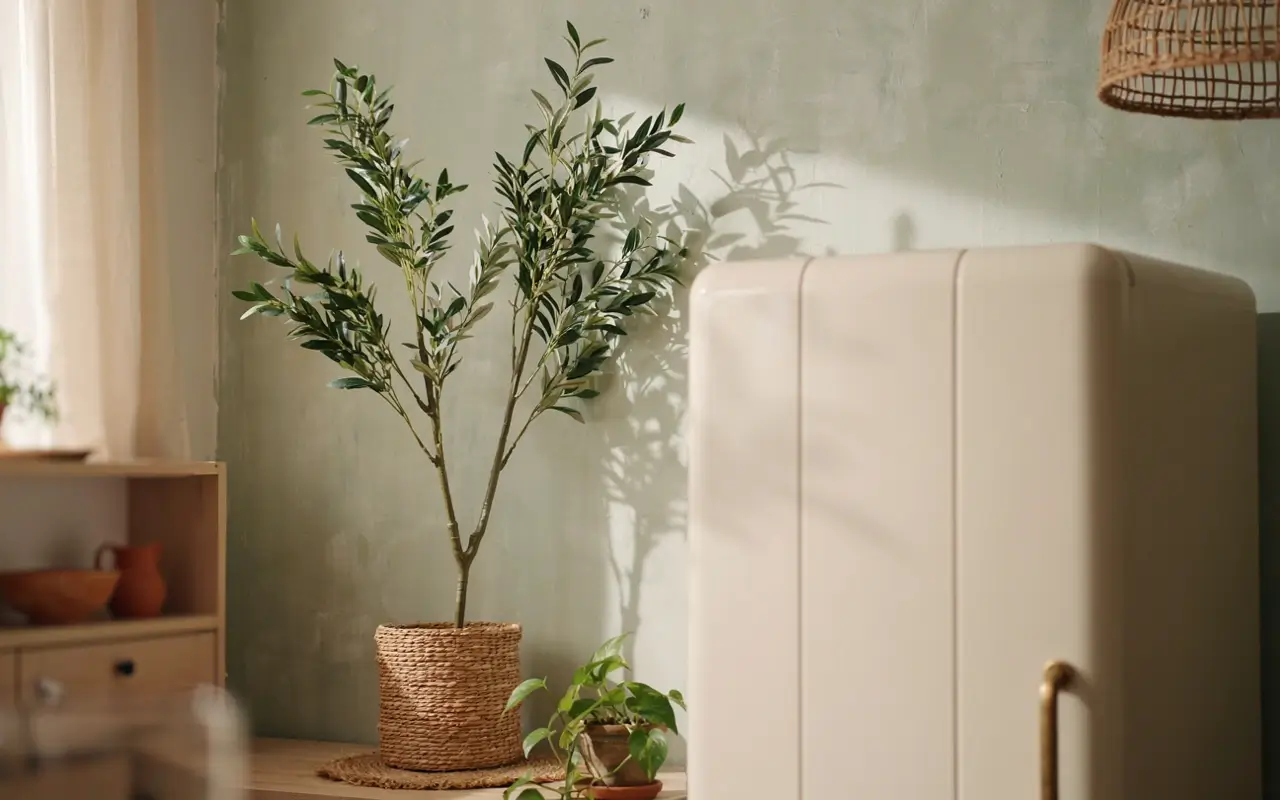 Faux olive tree in a textured woven planter beside a cream cabinet in a sunlit kitchen.