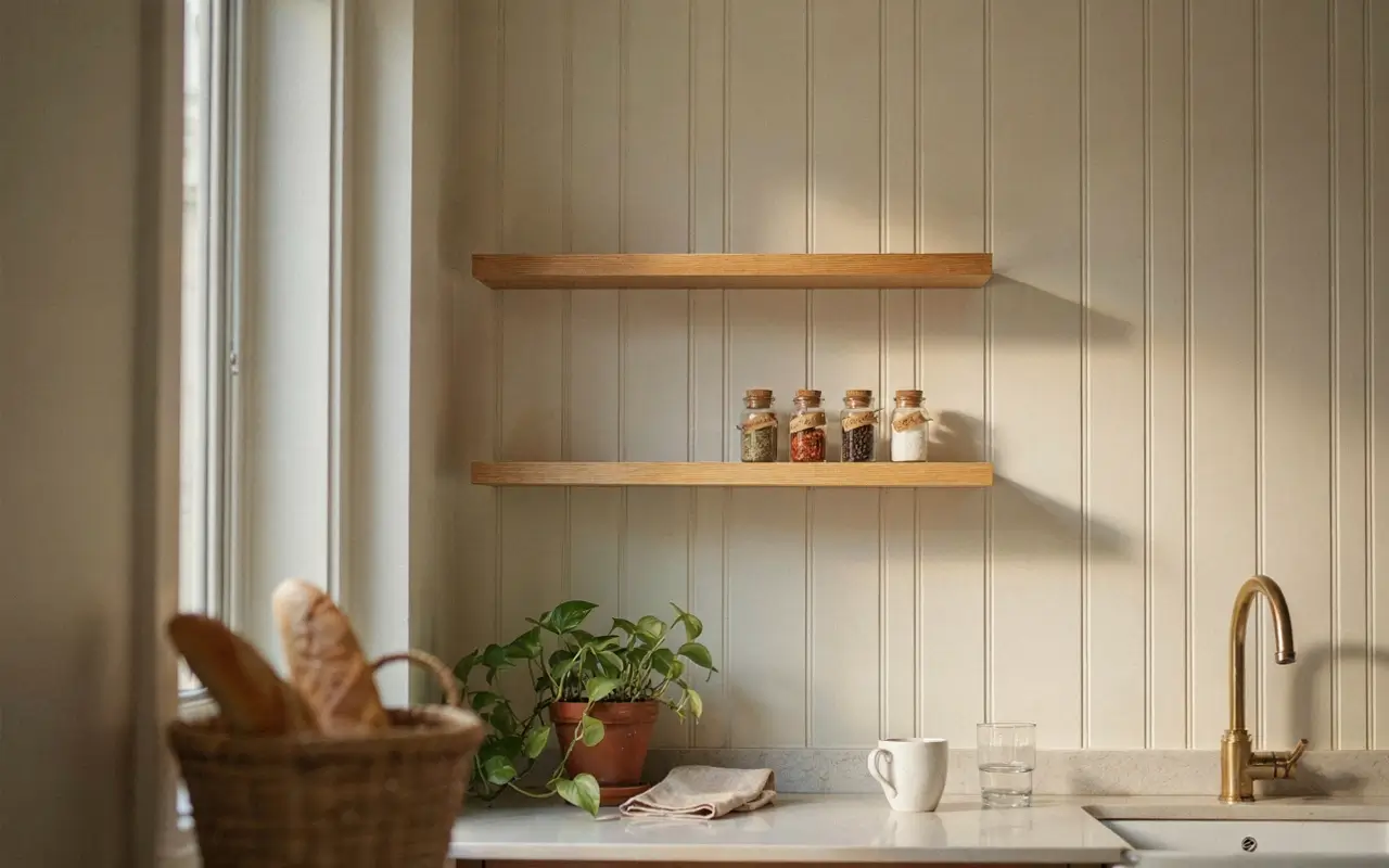 Removable faux tongue-and-groove wallpaper accent wall behind open kitchen shelves and countertop.
