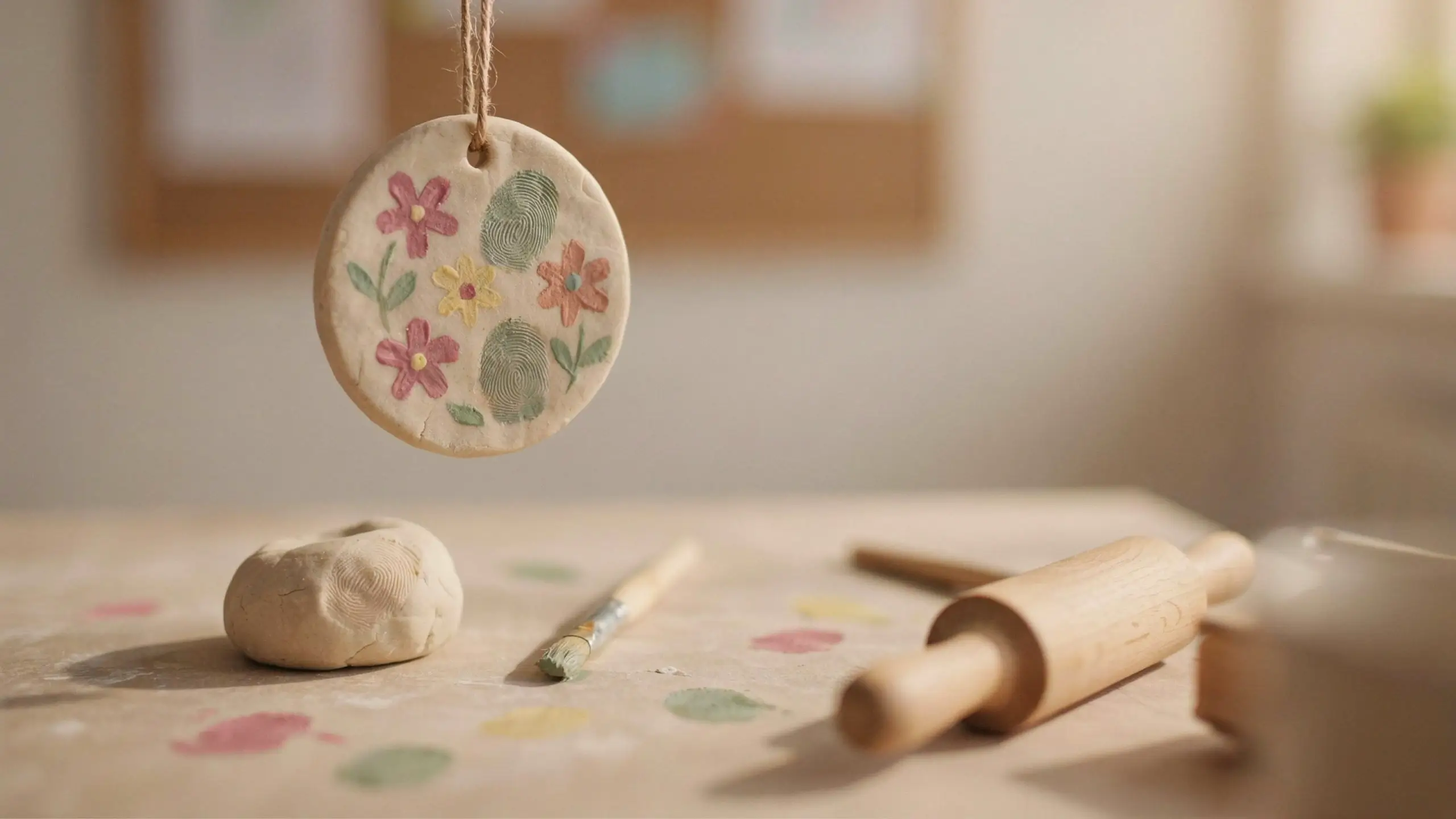 Handmade fingerprint keepsake ornament decorated with painted flowers and a child’s fingerprints.
