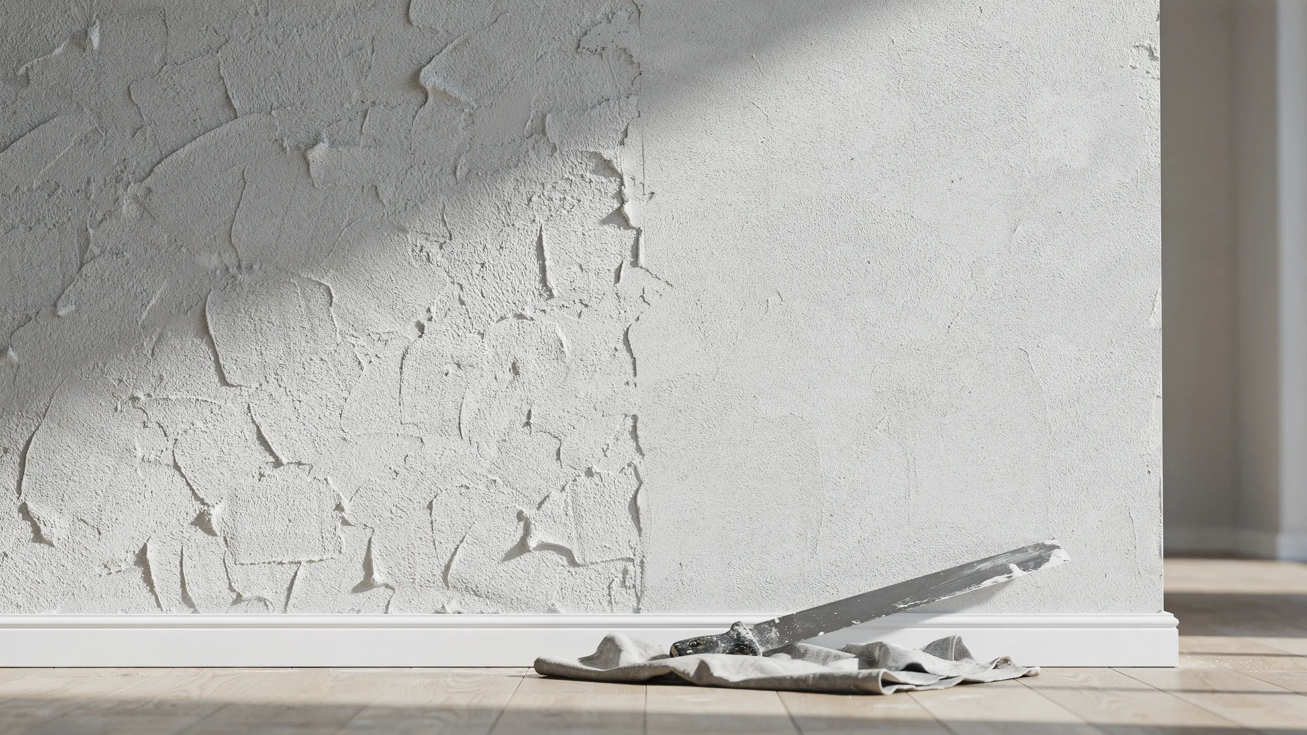 Wall texture repair showing cracked plaster removal and smooth drywall, illustrating the decision for a knockdown finish, with a scraper tool at the base.