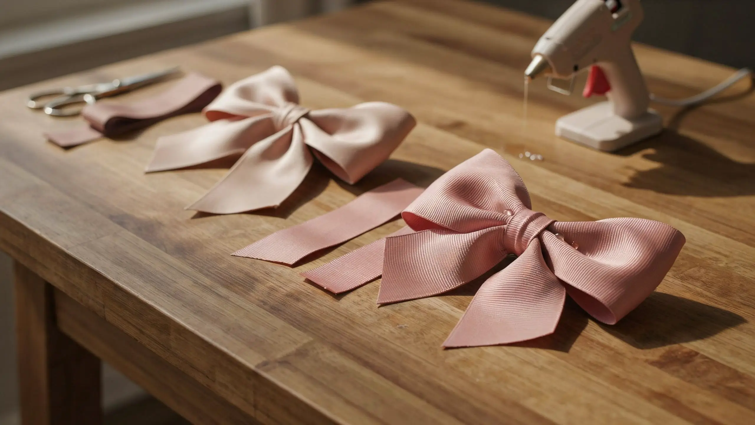 Alt Text: Pink ribbon hair bows and craft tools for fixing a bow that will not hold its shape.