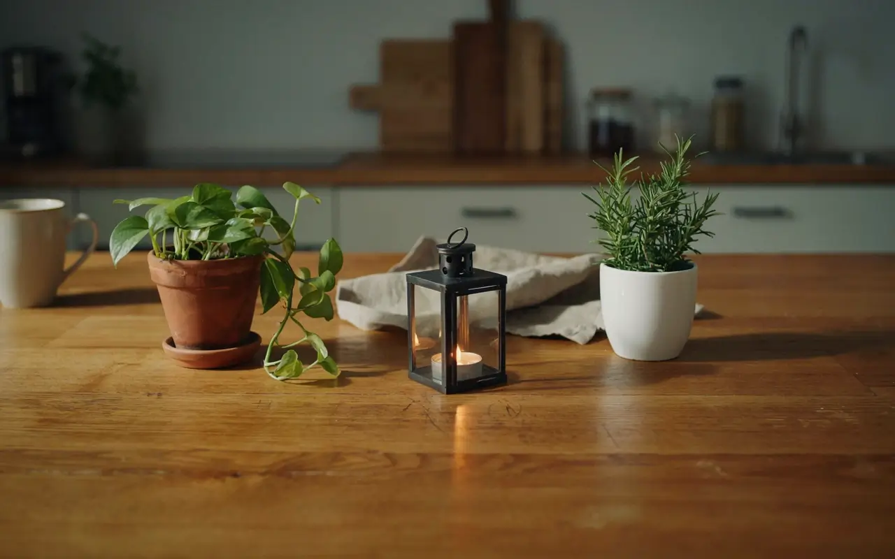 Flameless candle lantern between two small plants on a warm wood kitchen table