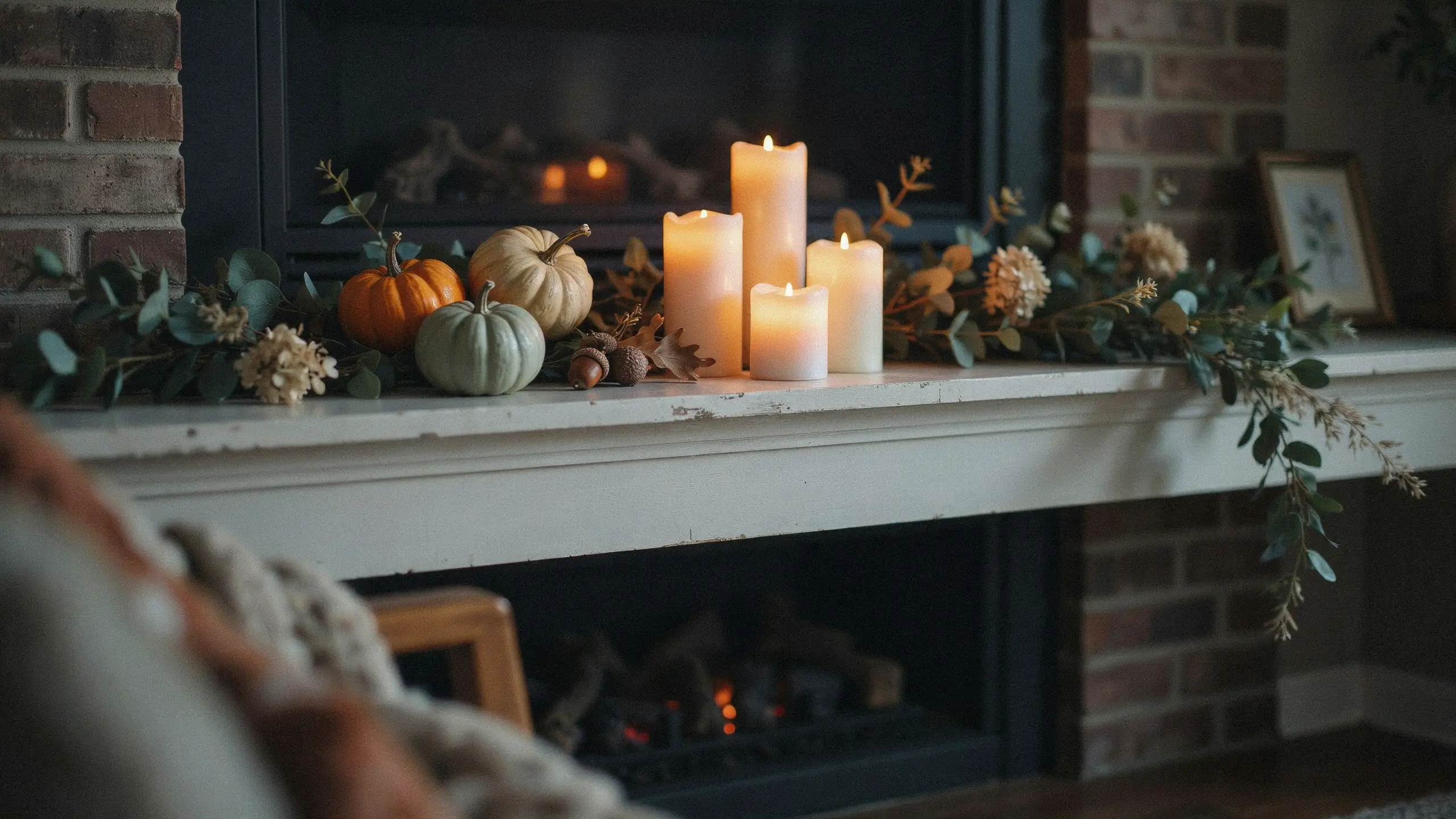 Three flameless LED pillar candles with timers styled with mini pumpkins, acorns, and eucalyptus on a white autumn fireplace mantel.
