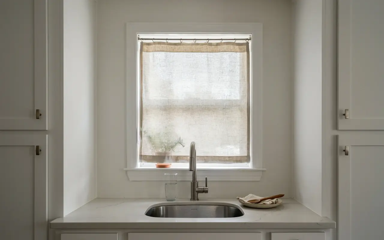 Small square kitchen window above a sink dressed with one flat linen café panel.