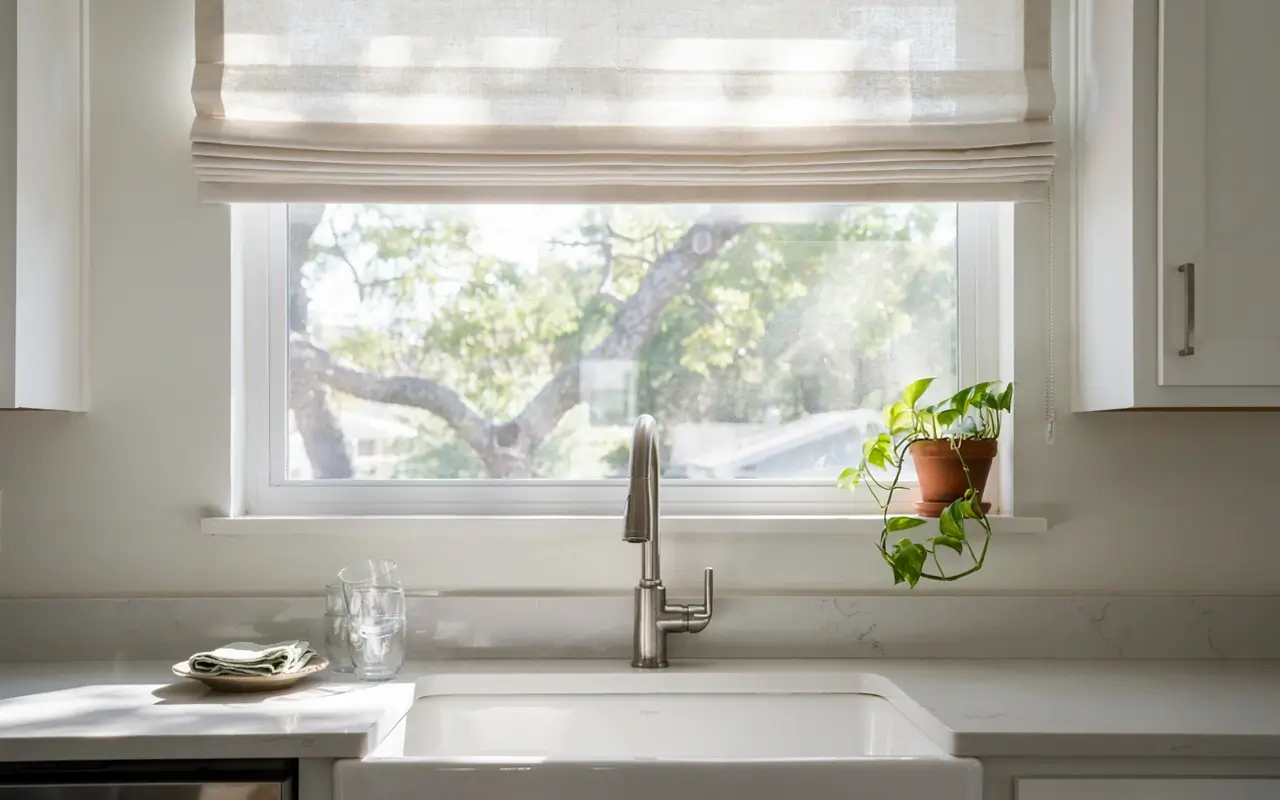 Flat Roman shade mounted above a kitchen sink window, lifted clear of the faucet splash zone.