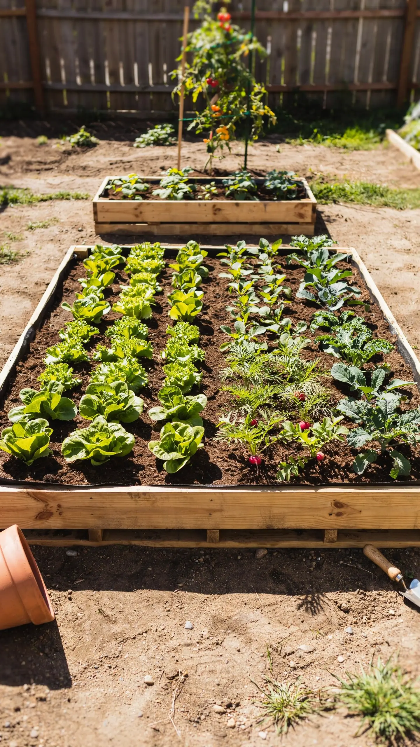 “Low-profile wooden raised garden bed filled with fresh green lettuce and bright red radishes in a sunny backyard, with a tomato plant in the background,”