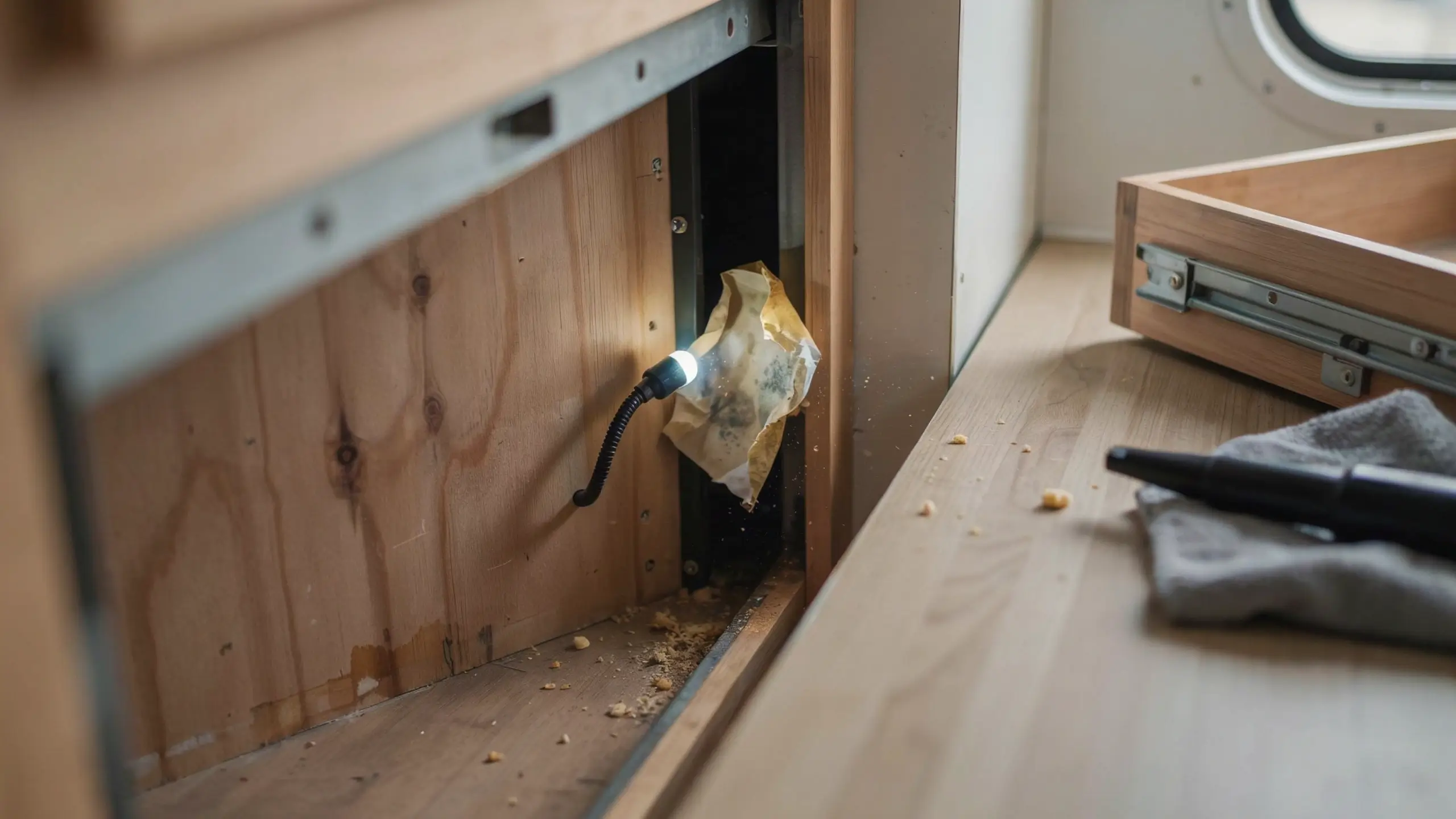 A black flexible LED work light shining into a dark gap inside a wooden cabinet next to a drawer slide and scattered sawdust. 
