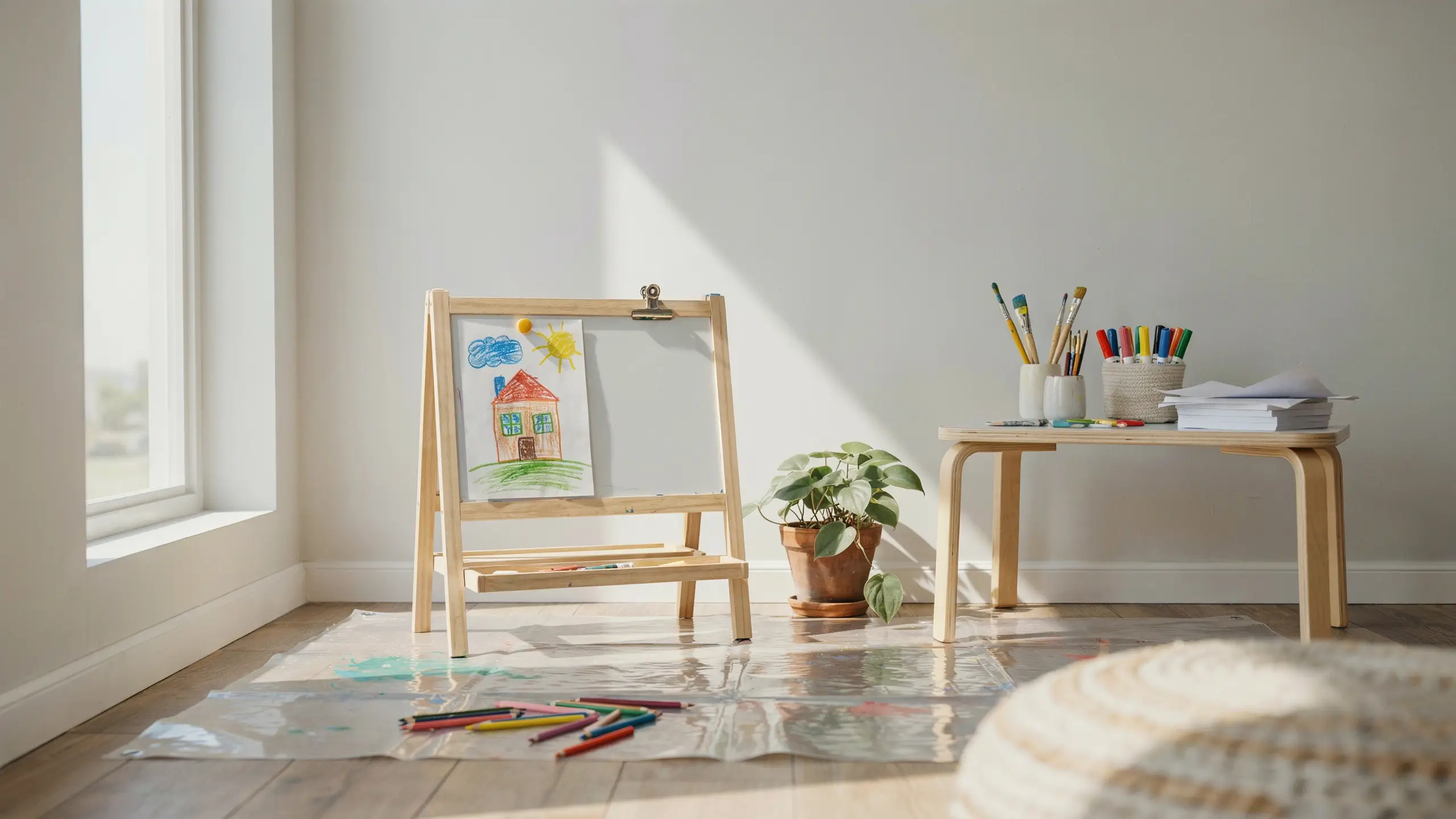 Sunlit children's art corner featuring a FLISAT wooden easel displaying a colorful child-drawn house, surrounded by organized art supplies on a matching table, crayons, and a potted pothos plant on a protective floor mat. 