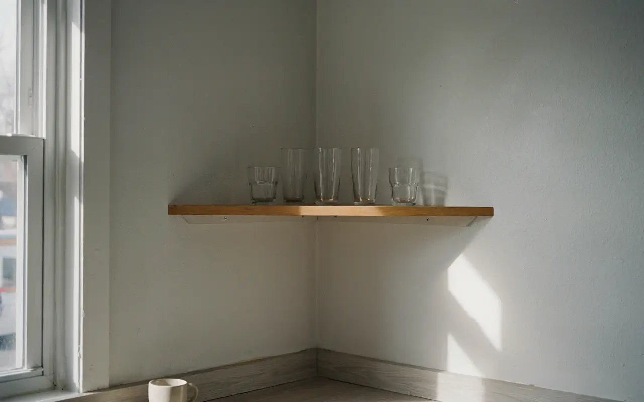 Floating corner shelf with glassware uses a dead kitchen corner beside a bright window.