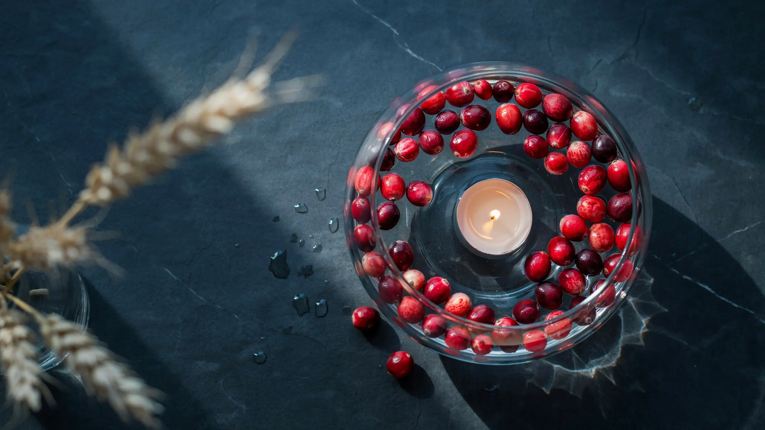 Glass bowl with water, floating fresh red cranberries, and a white tealight candle, resting on a dark slate surface with scattered water droplets.