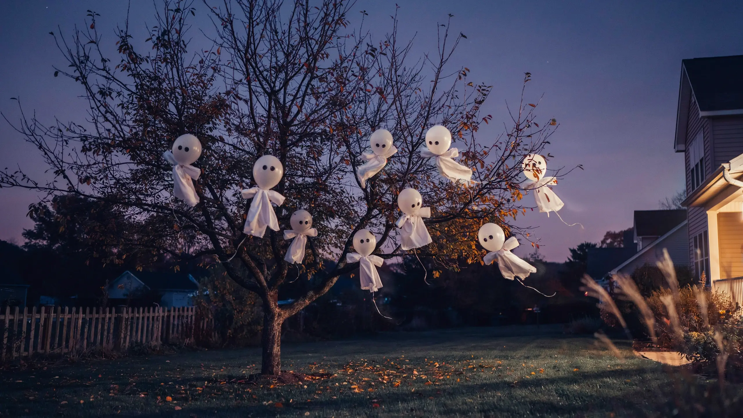 White DIY ghost figures hanging from bare tree branches in a suburban backyard at twilight, featuring autumn leaves on the grass and a wooden picket fence, for an outdoor Halloween decoration scene. 