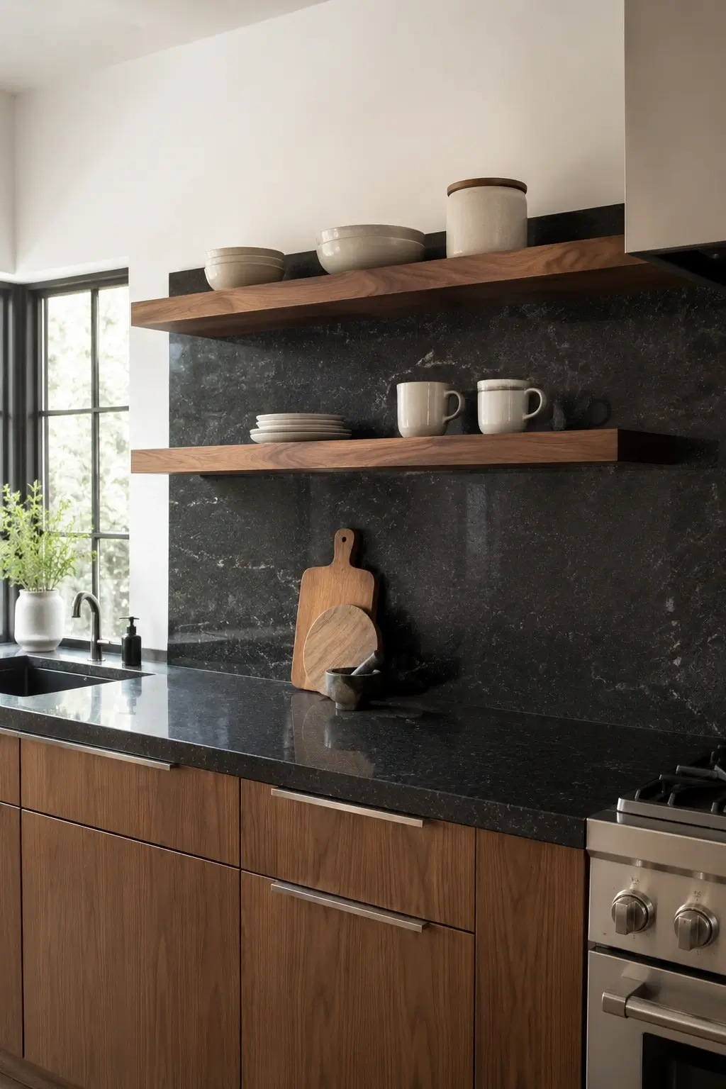 Floating walnut shelves break up a dark granite kitchen wall above a black countertop and wood cabinets.