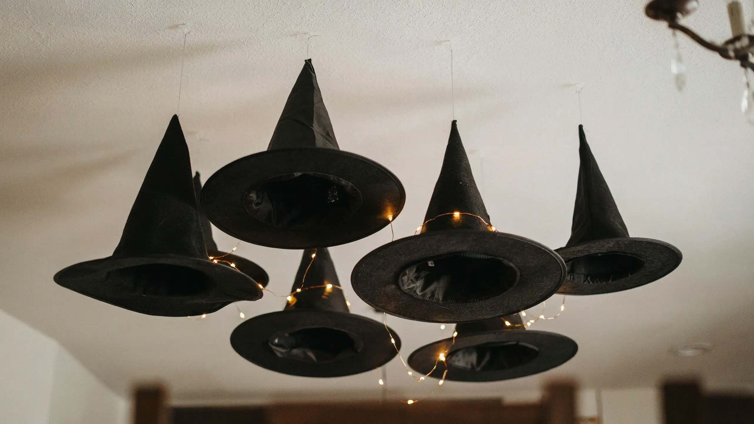 Black witch hats hanging from a white ceiling with warm fairy lights for indoor Halloween decor. 