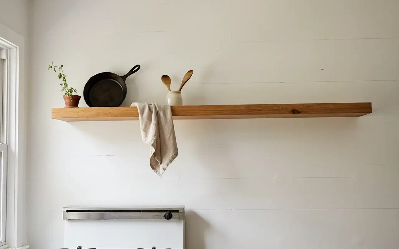 Floating wood shelf above a stove holding cast iron, utensils, linen towel, and small potted plant.