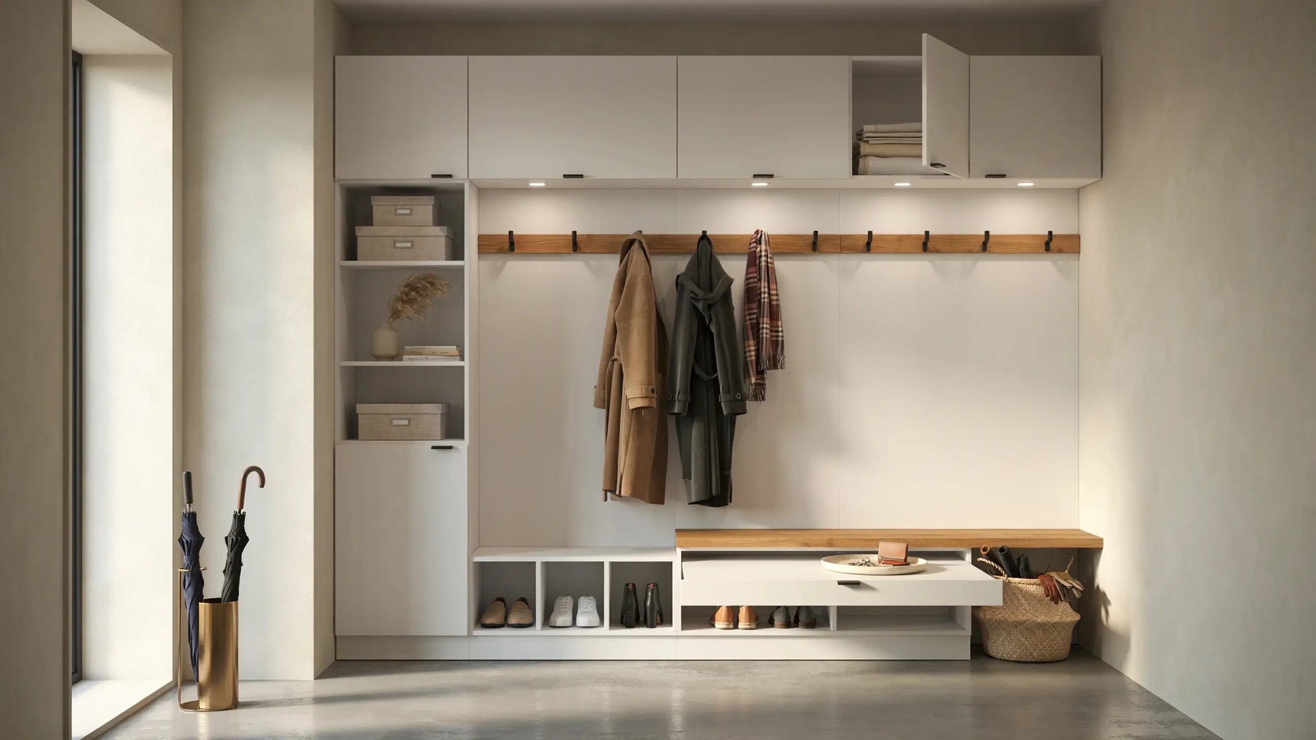 Floor-to-ceiling entryway storage wall with white cabinets, open shelves, coat hooks, bench seating, and shoe storage for a modern mudroom.