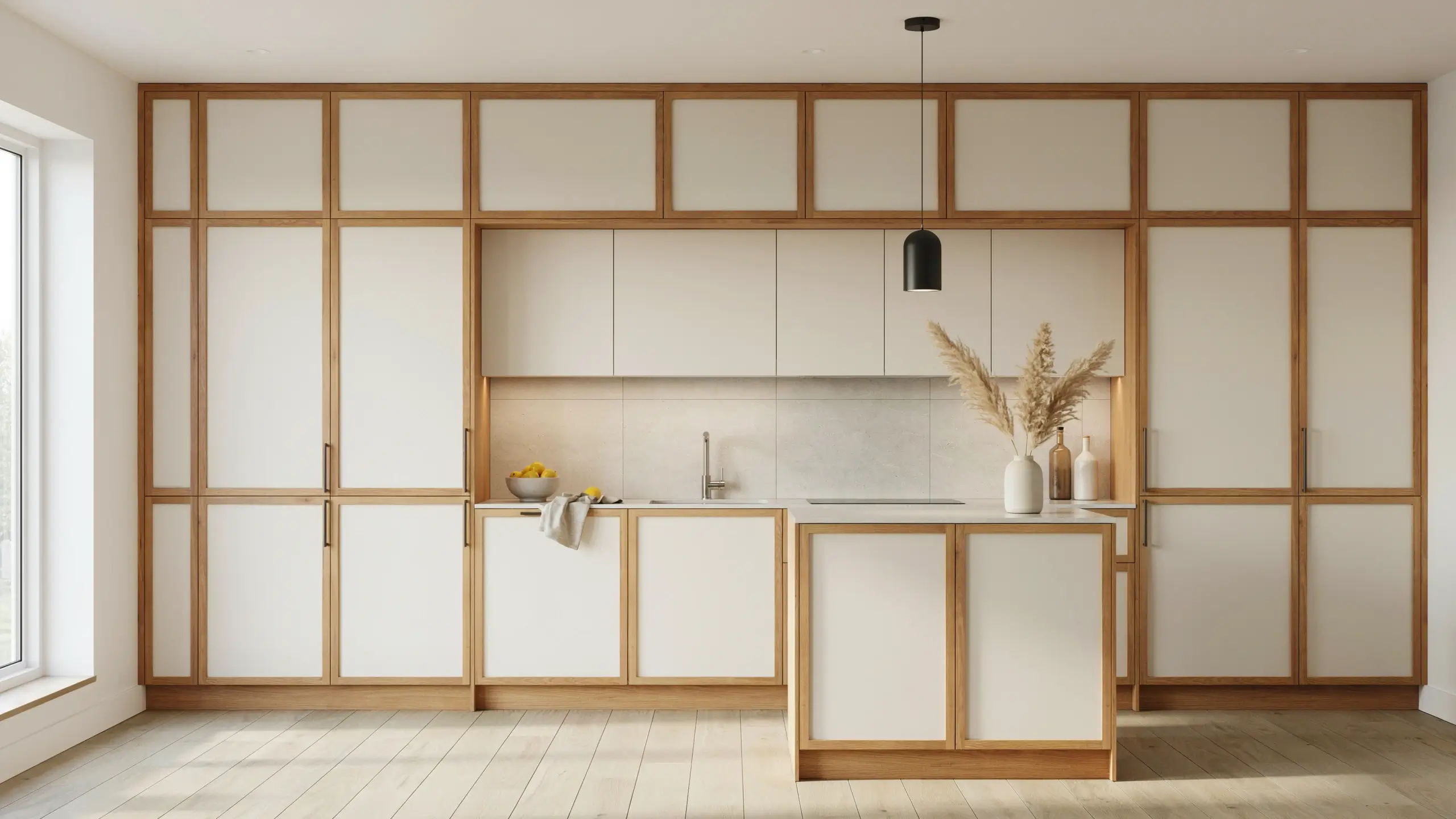 Modern kitchen with cream and natural wood floor-to-ceiling cabinets, a central island, and black pendant light