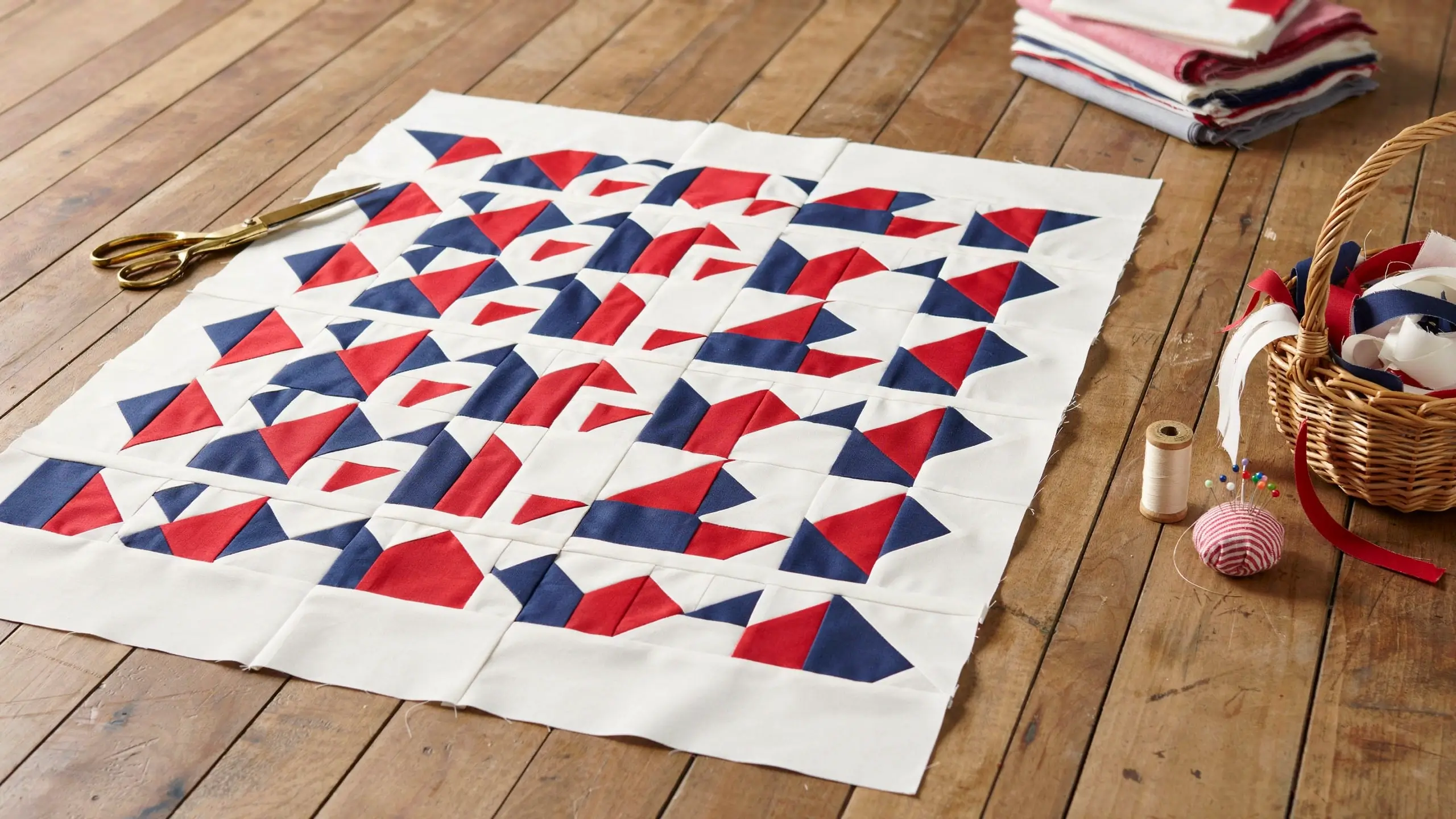 Unfinished red, white, and navy blue flying geese quilt top laid flat on a wooden floor with sewing supplies including gold scissors, a spool of thread, and a striped pincushion.