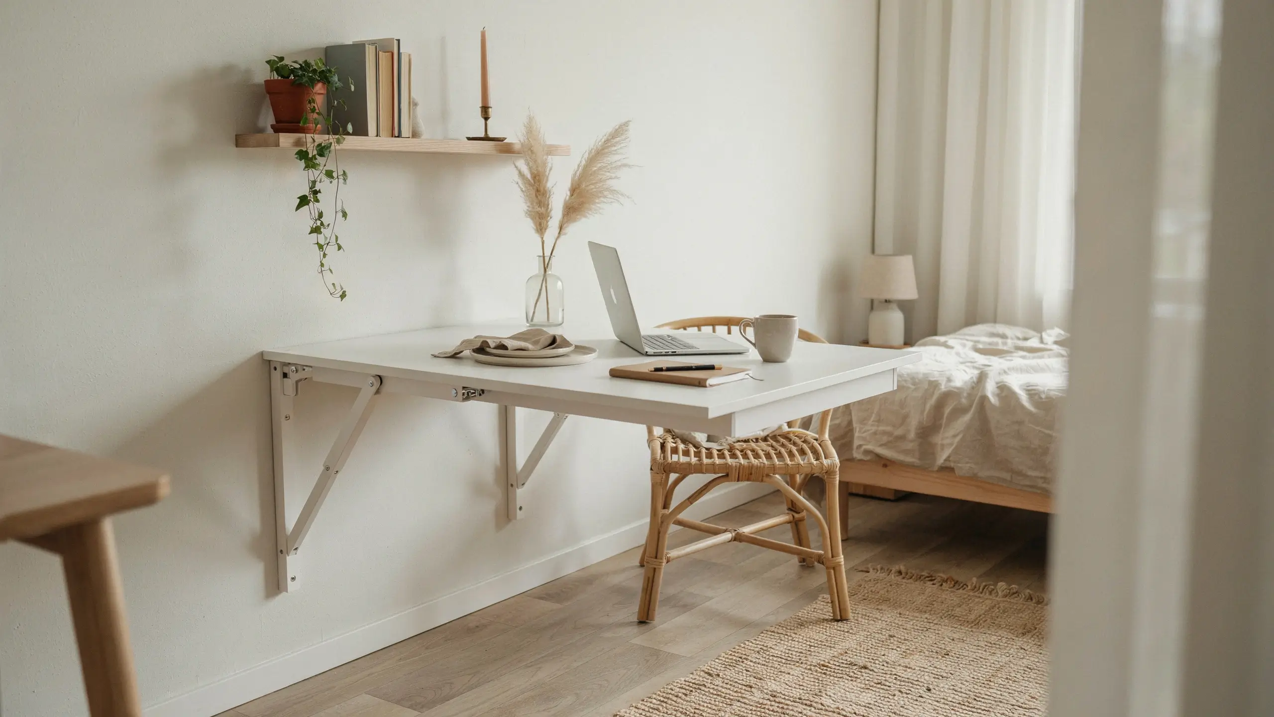 White fold-down wall table creating a compact dining and workspace in a small apartment with minimalist Scandinavian decor.