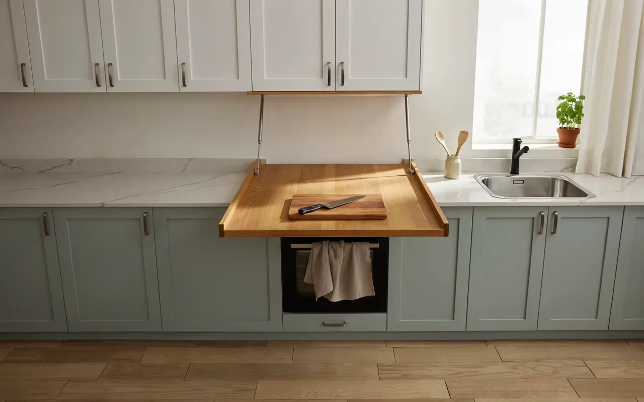 Folding wooden wall-mounted table used as extra prep space in a small sage green kitchen.