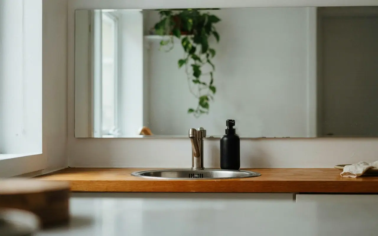 Frameless beveled mirror backsplash above a wood countertop sink with black soap bottle and trailing plant.