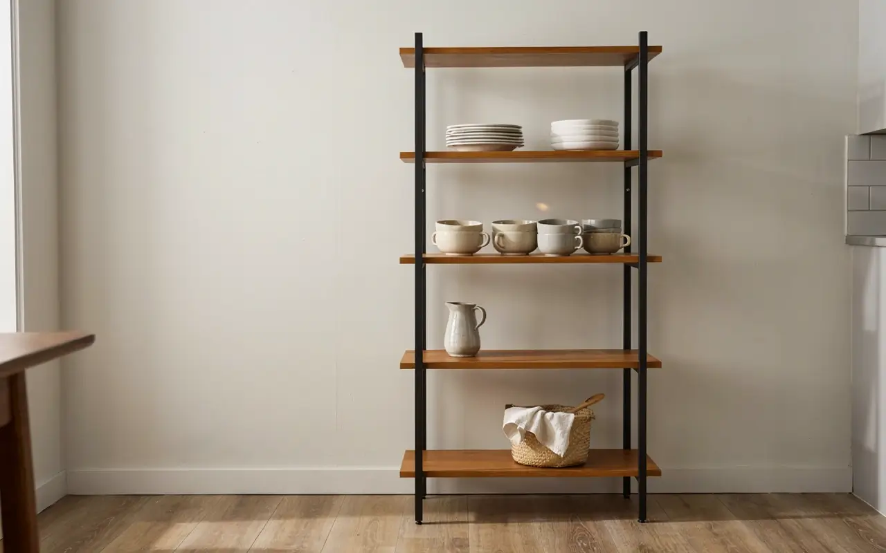 Freestanding bakers rack with wood shelves and black frame styled with dishes and a basket in a kitchen.