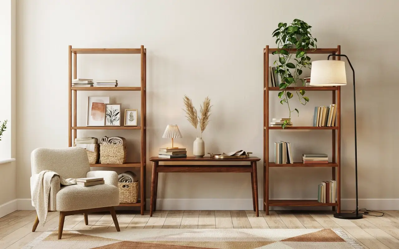 Freestanding shelves, armchair, and console table in a cozy neutral rental living room.
