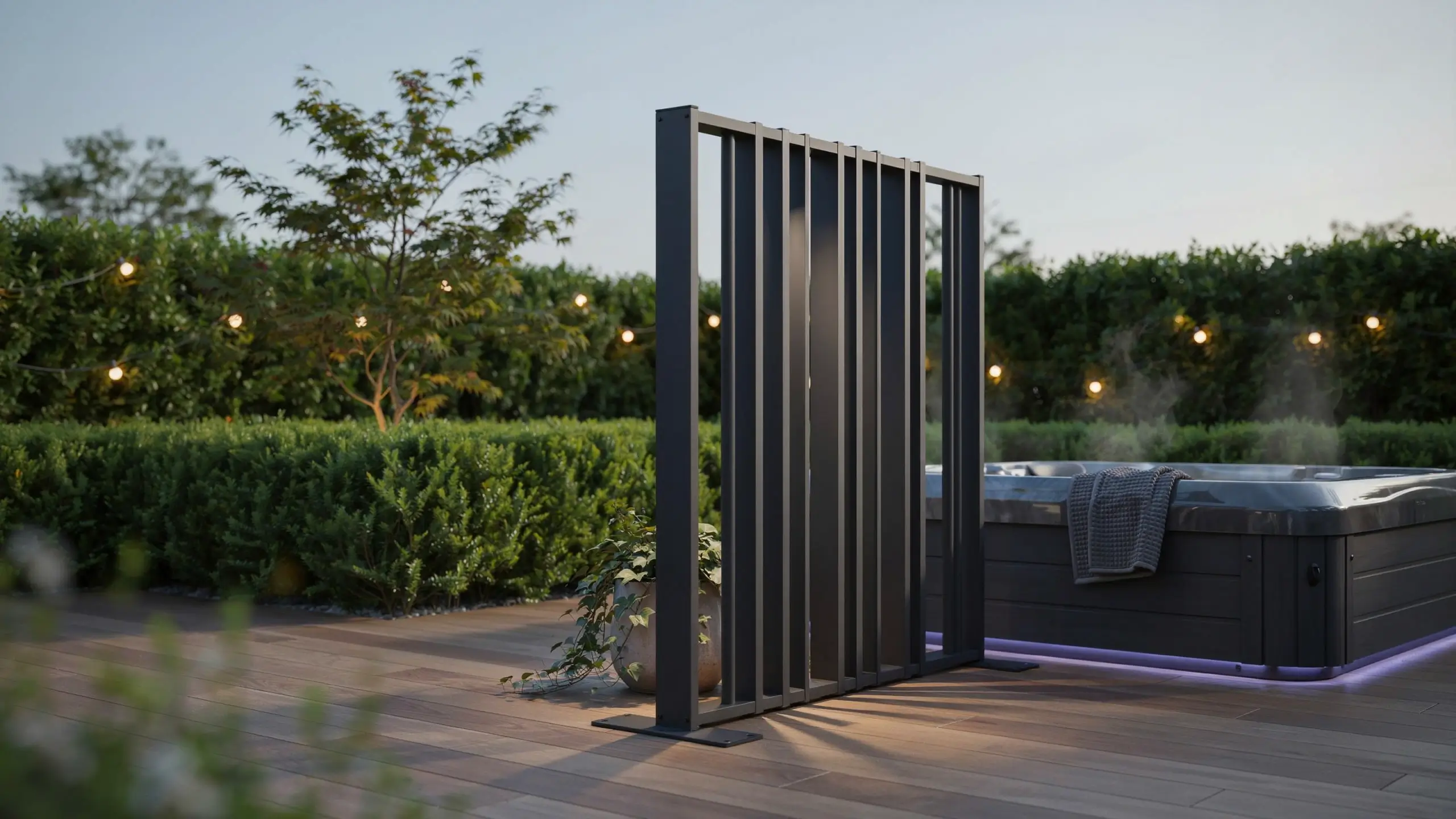Modern dark grey slatted freestanding privacy screen installed on a wooden deck next to a steaming outdoor hot tub with string lights and dense green hedges at dusk